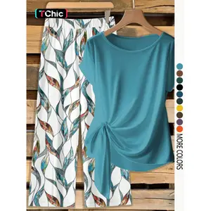 Women's Casual Printed Necktie Shirt and Loose Straight Pants Set, Perfect for Spring and Summer, Comfortable Lightweight Two-Piece