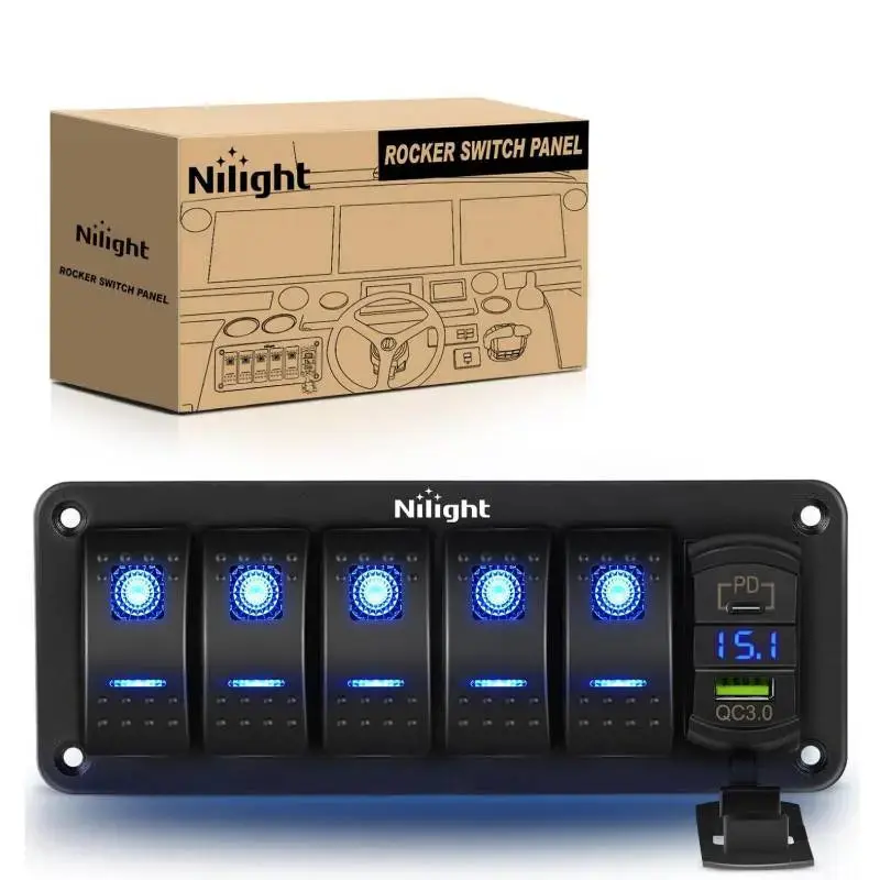 Nilight 1 x 5 Gang Aluminum 5-Pin ON/OFF Night Glow Blue Rocker Switch Panel, 12V/24V DC, with PD Type-C & USB Dual Charging, Voltmeter for Cars, Trucks, Yacht, Trailer
