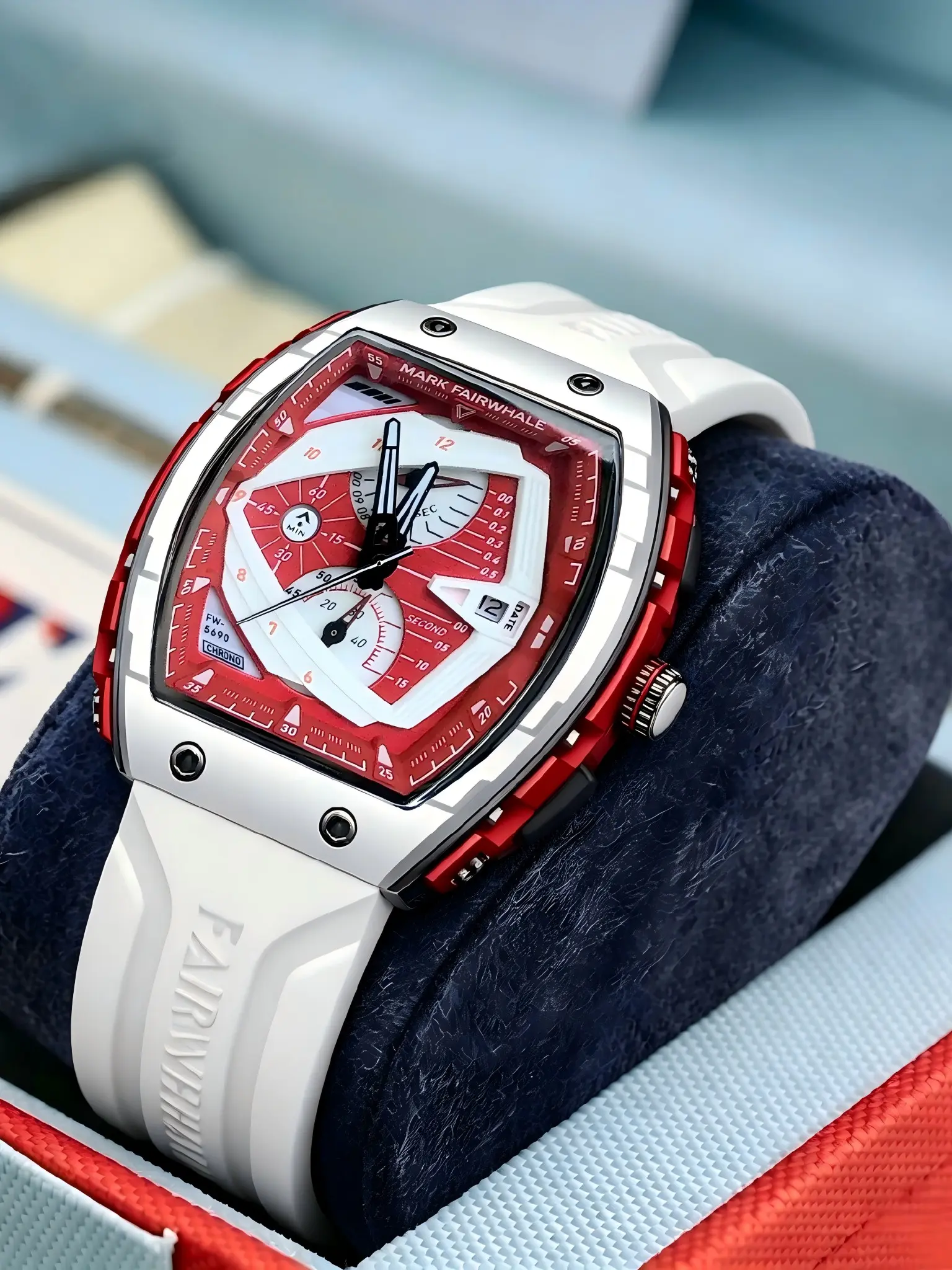 Mark Fairwhale Men's Barrel Shape Large Dial Luxury Quartz Watch, Multifunctional Night Light Waterproof, Fashionable Shockproof, Model Fw-5690, Quartz Analog Wristwatch