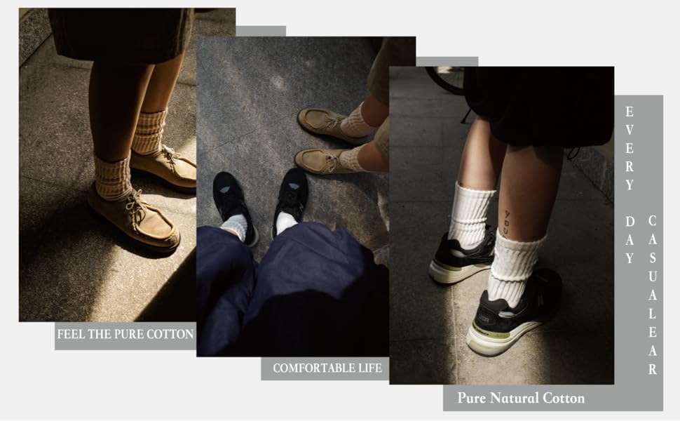 4 Pairs Natural 98% Cotton Crew Socks - Seamless, Breathable, Cozy Fall & Winter Socks for Women & Men