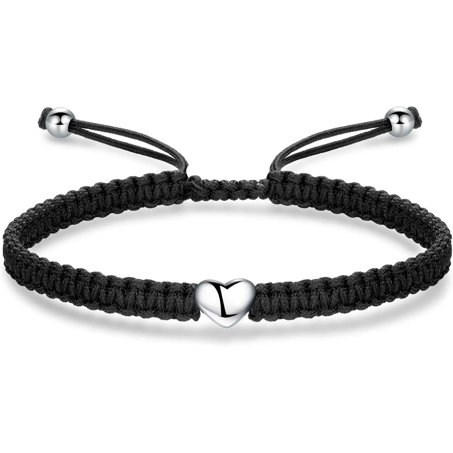Heart Bracelet for Women, Rope Bracelet 925 Silver Handmade Braid Adjustable Bracelet Love Friendship Christmas Bracelet Gifts for Women Lady (Black)