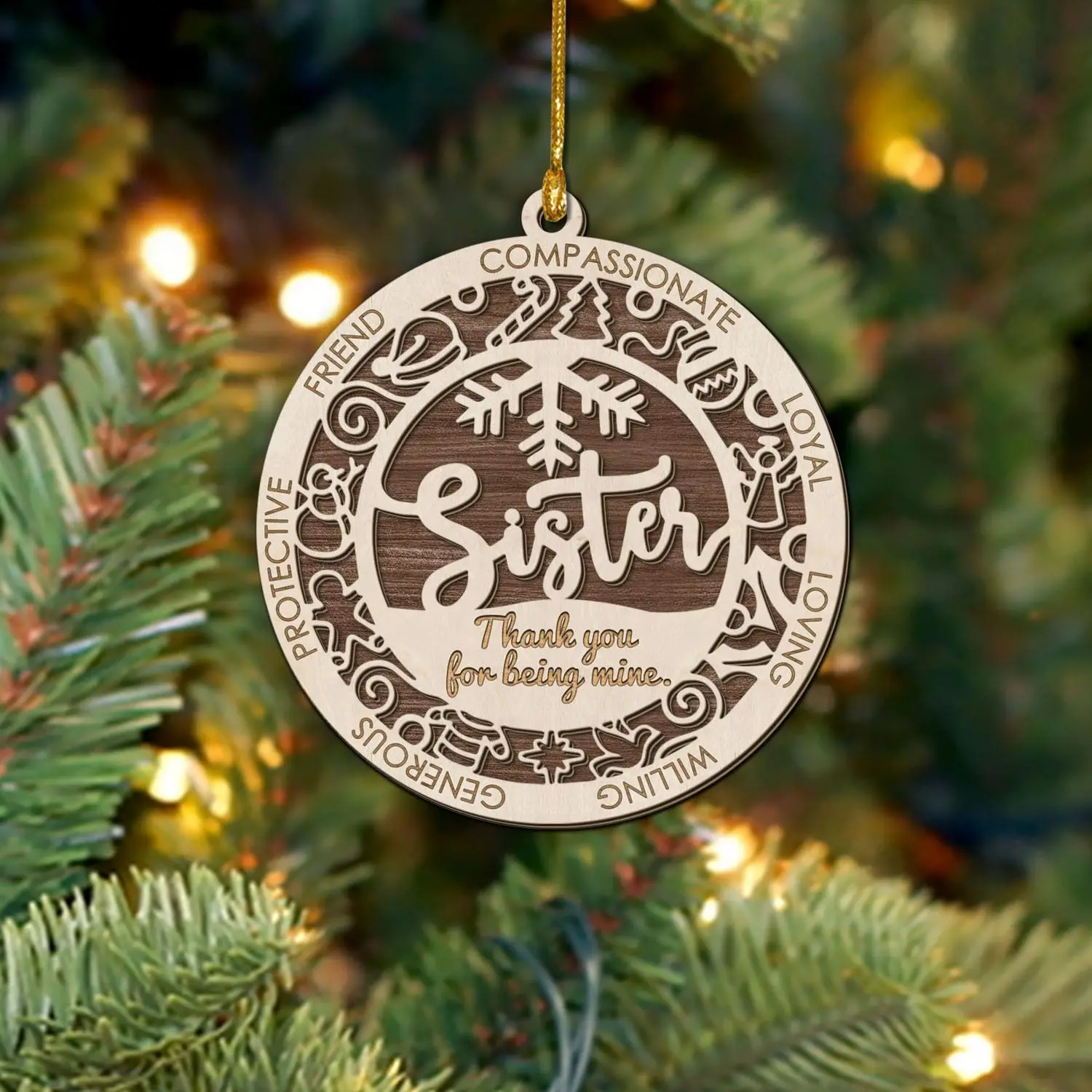 Sister Wooden Christmas Ornament, Sister Engraved Ornaments for Tree Decor with Snowflake, Candy Canes & Angels, Siblings Themed Tree  Decoration, Birthday Gifts for Sisters, Family