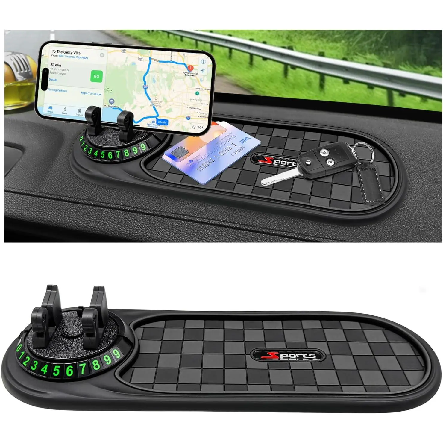Multifunctional  Anti-Slip Mat, Auto Dashboard Storage Pad Rotatable Phone Stand with Temporary Parking Number,  Dashboard Organizer Mat for Phones Sunglasses  (Black & Gray)