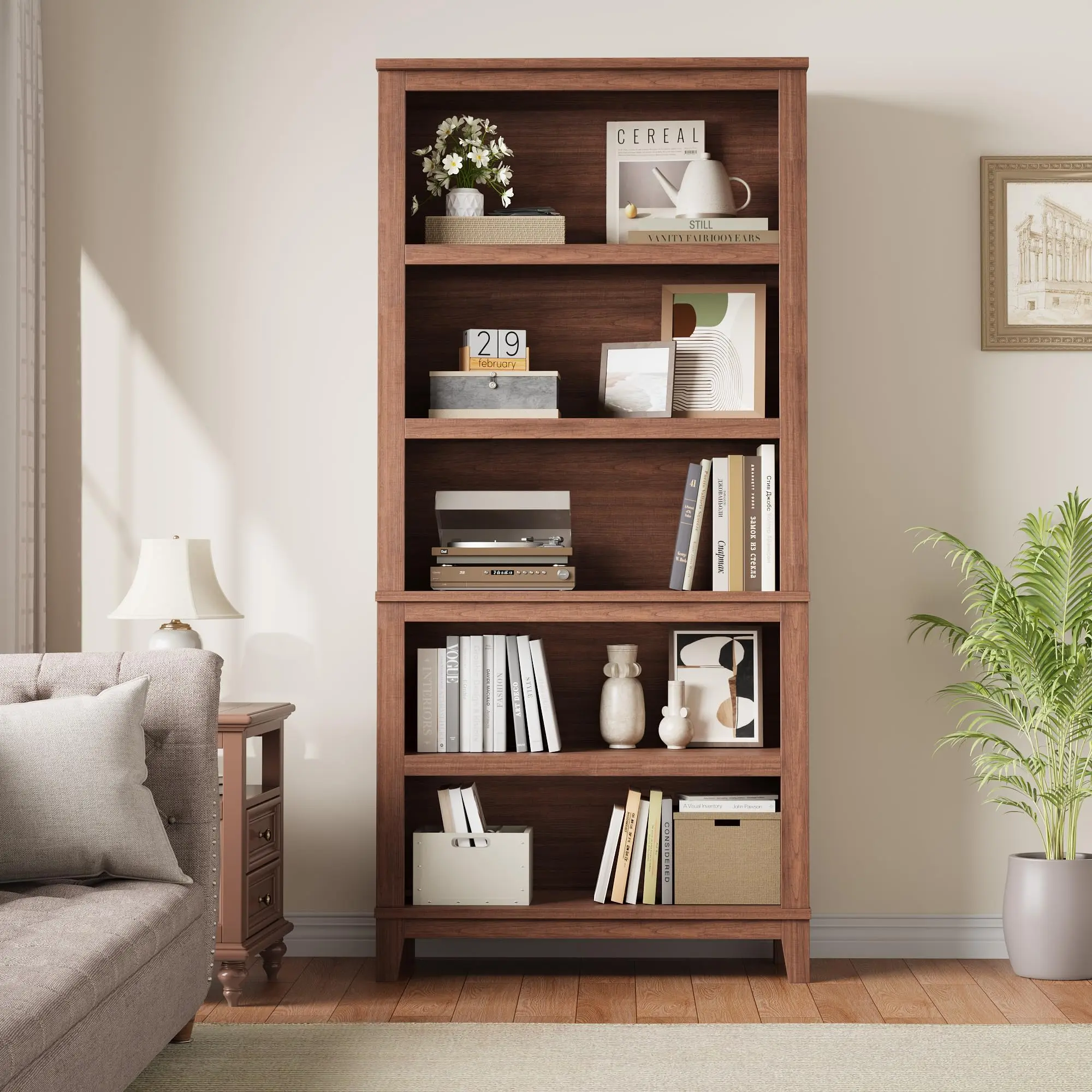 Farmhouse 71" Tall 5-Tier Bookshelf – Adjustable Shelves, 31.5'' Wide, Wooden Bookcase with Legs, Open Storage Display for Living Room, Office, Study – Rustic Brown, 31.5''D x 11.8''W x 71.3''H