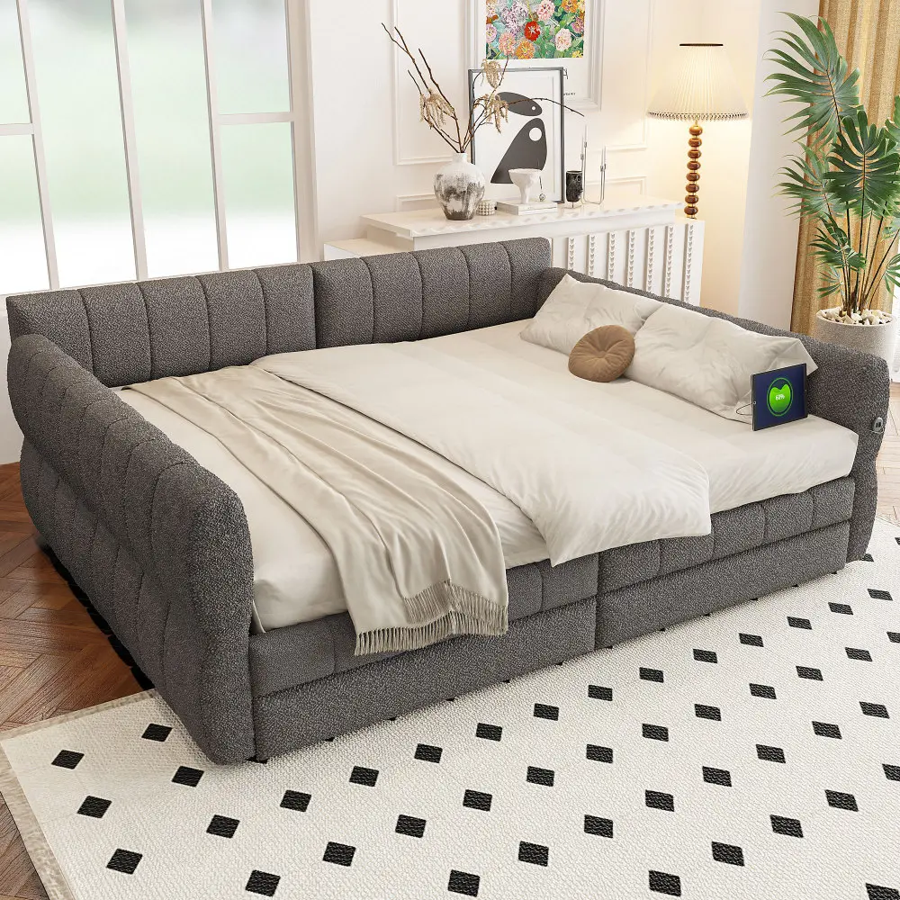 Queen Size Upholstered Platform Bed with USB and 2 Drawers, Gray