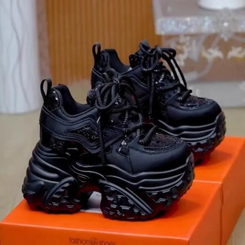 9cm Small Size Rhinestone Breathable Thick-Soled Dad Sneakers for Women 2025 Autumn New Versatile Height-Increasing Casual Sports Shoes