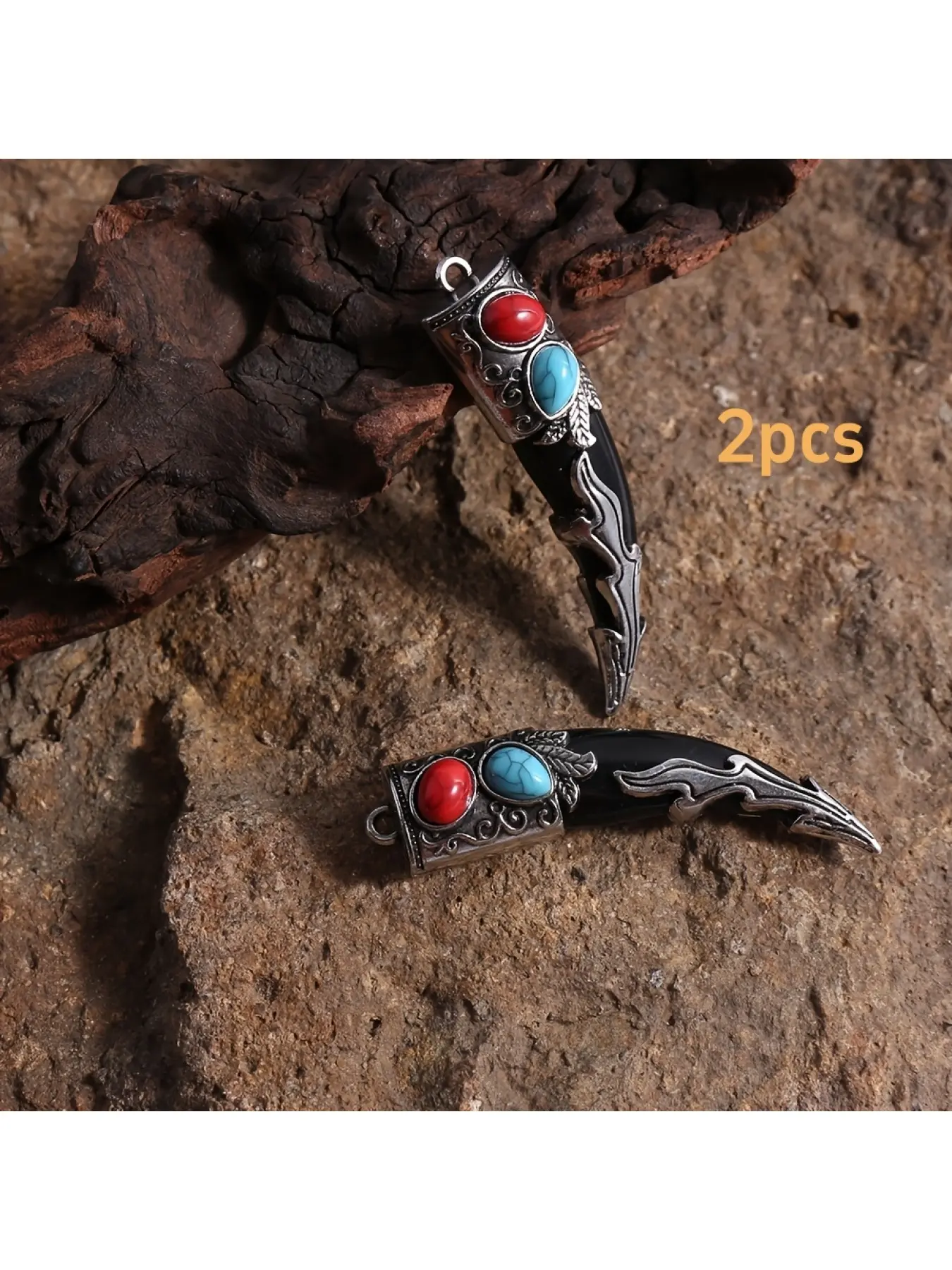 2-piece set of black wolf tooth pendants, fashionable vintage handmade accessories, beading project, decorative pendants, Tibetan design, durable metal, exquisite craftsmanship, pendant collection, Halloween gift