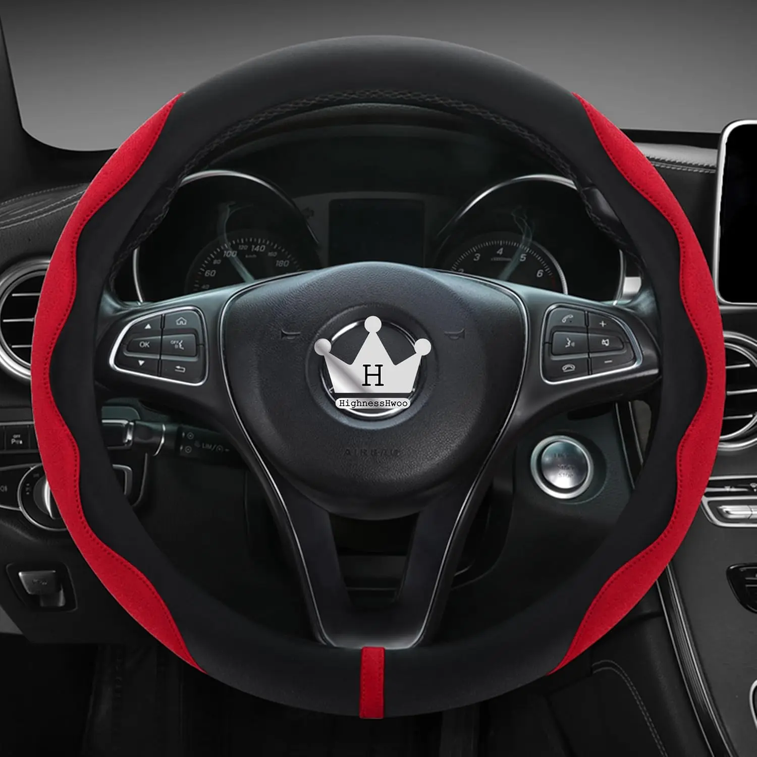 HighnessHwoo Luxury Suede Steering Wheel Cover for Cars, Soft Leather Padded Wheels Cover for Sedan, SUV, Thin Car Handle Cover, Universal Fit, Anti Slip, 14.75-15.15in, Red