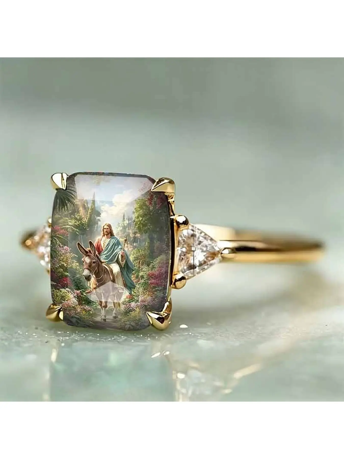 Painted oil print square ring of Jesus riding a donkey into Jerusalem. Retro religious story illustration ring. Christian faith accessory, artistic commemorative decorative gift jewelry.