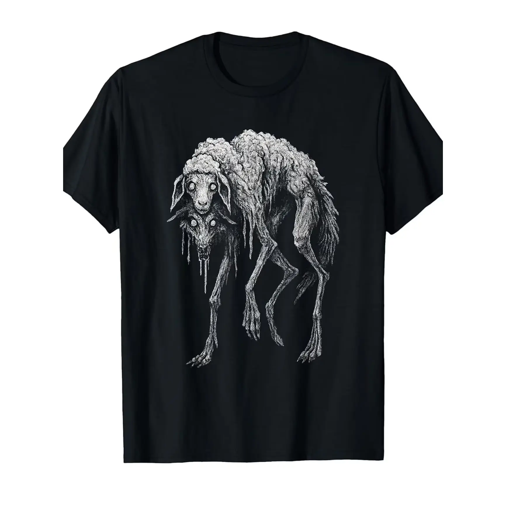 Dark Creepy Sheep Wolf Hybrid Creature Sketch Graphic Print Short Sleeve T-Shirt, Unisex Summer Vacation Back To School Gothic Horror Art Casual Tops For Dark Art Fans, 100% Pure Cotton Printed Craft Summervibes Tee, Soft Breathable Relaxed Fit Everyday F