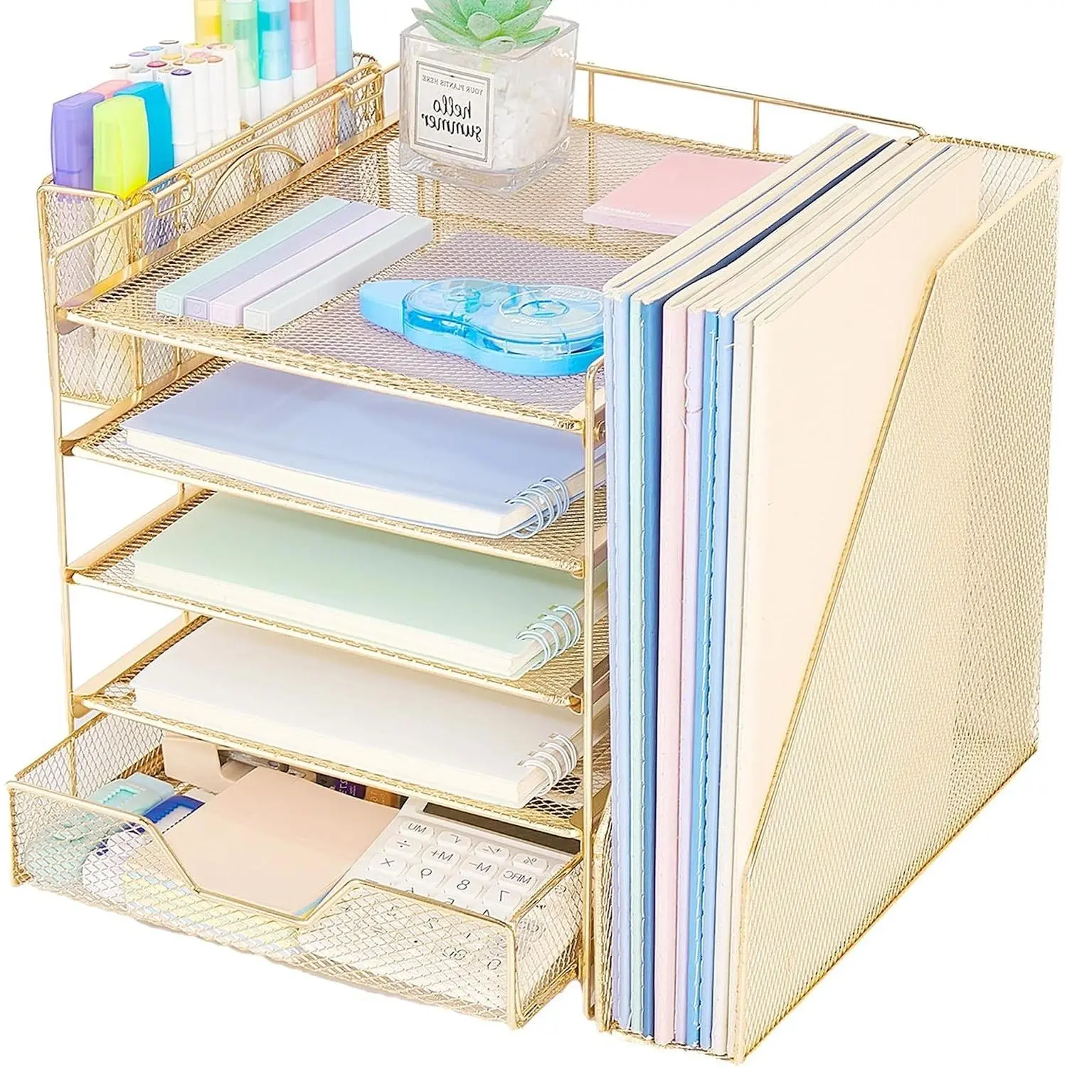 5-Tier Gold Desk File Organizer with Drawer & Pen Holder - Desktop Organizer for Office, Home, ClassroomGift