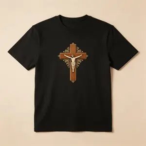Unisex Short-Sleeve Cotton Sports Top, Vintage Jesus Crucifix Cross Graphic T-Shirt, Black Religious Faith Church Casual All-Season Apparel, Shortsleeve