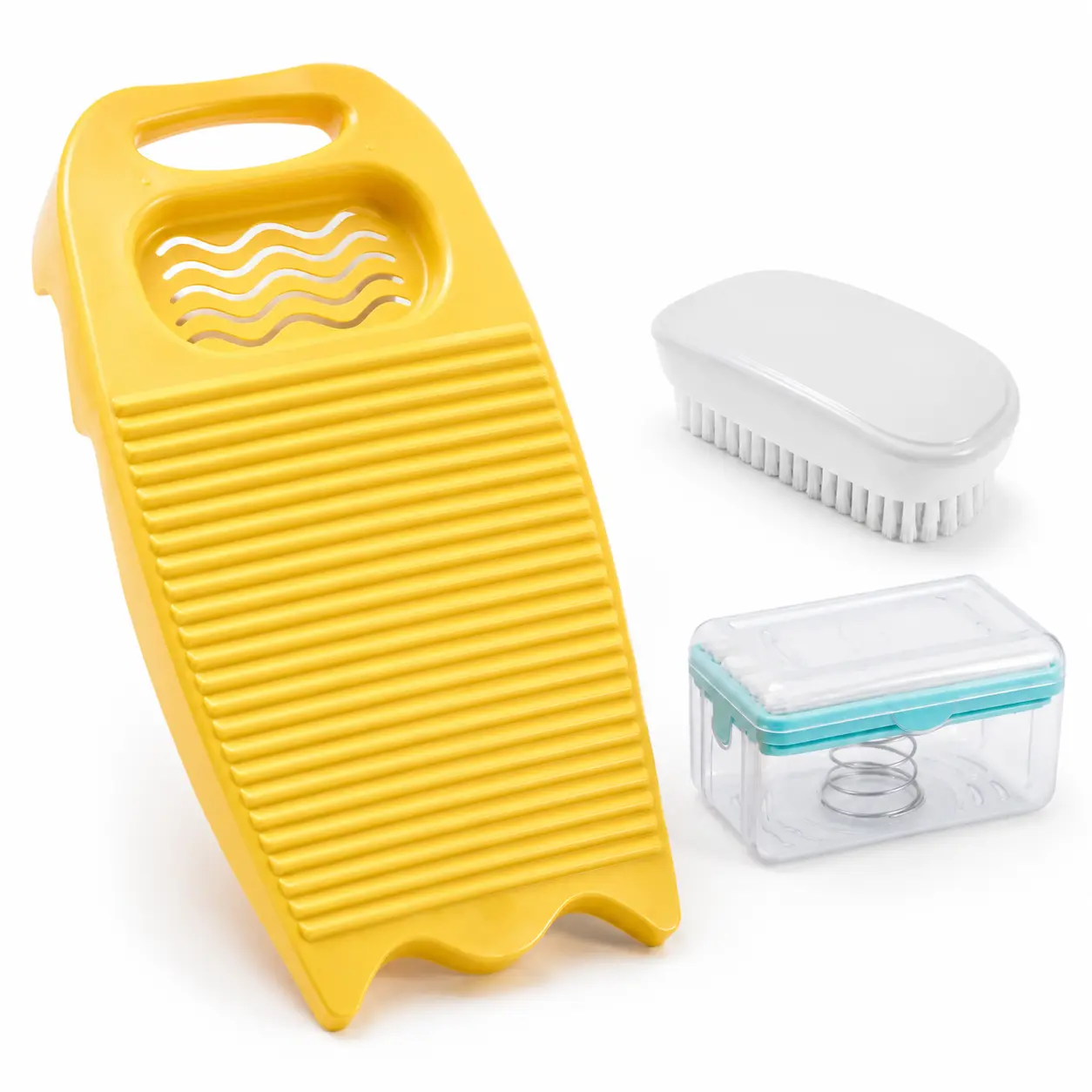 Portable Washboard Set for Hand Washing Clothes, Plastic Laundry Scrub Board with Multifunctional Soap Dish and Soft Bristle Brush for Home and Travel