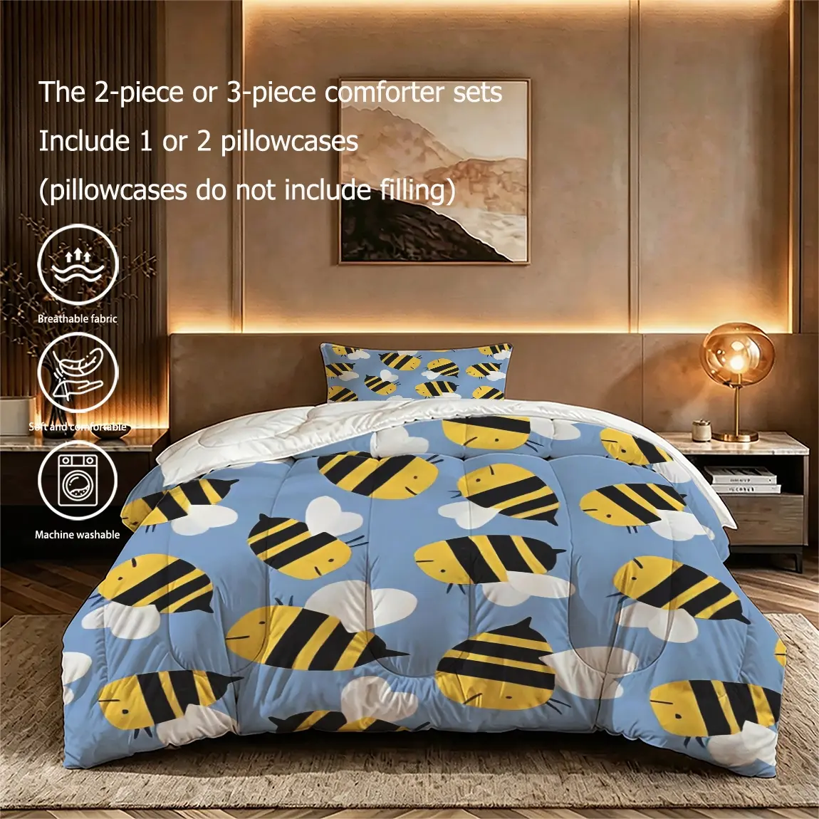 2/3pcs (1 comforter + 2 pillowcases) Cute Bee Print Bedding Comforter Set, Microfiber Soft Lightweight All-Season Bedding, Fade Resistant Breathable Machine Washable, Ideal for Bedroom Dorm Home Guest Room