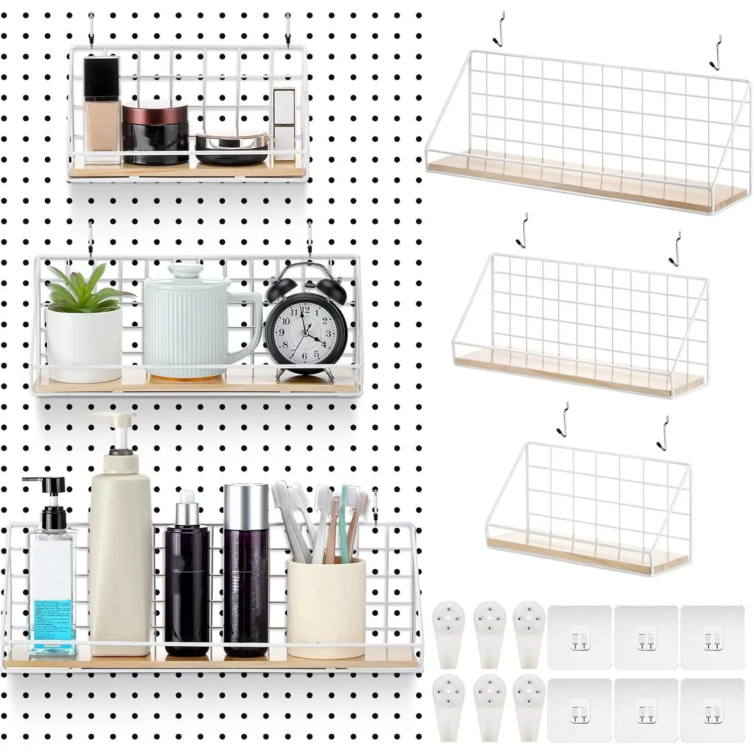 3 Sets Metal Pegboard Shelves with Steel Peg Board Brackets and Hooks Wall Organizer Storage Display Tray Accessories for Craft Room  Office Garage  Workbench Kitchen(White)