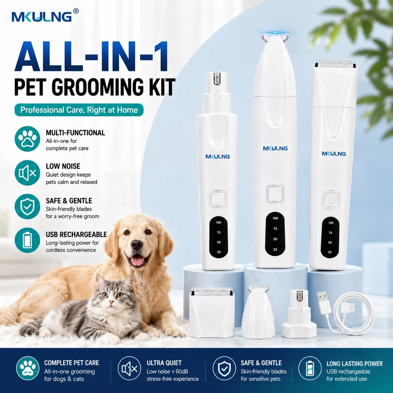 [mkulng] Summer 3 in 1 Pet Grooming Kit Tools, Hair Clipper & Nail Grinder, Cool & Fresh Pet Care, Model G09, No Ca Prop 65