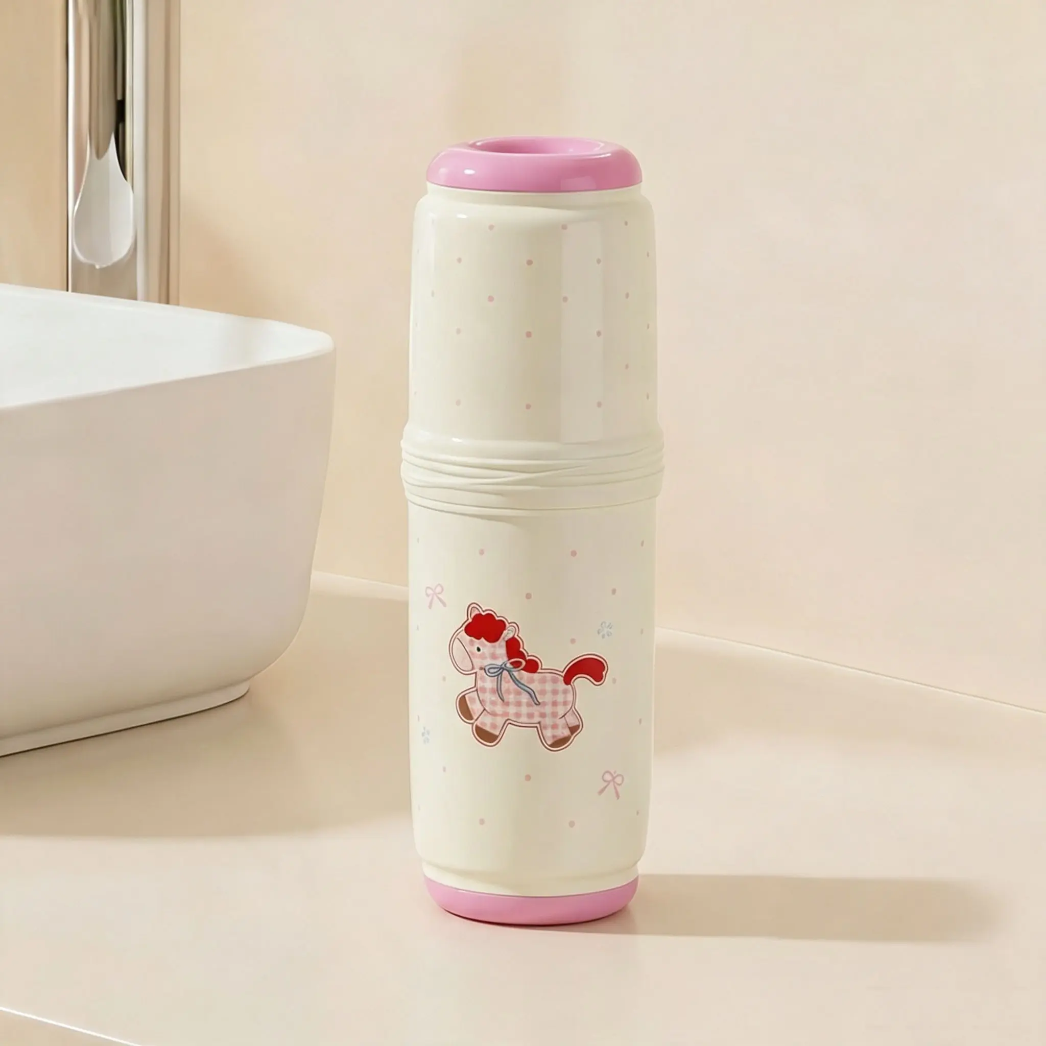 Cartoon Horse Portable Travel Toothbrush Cup, Food-Grade Ps Plastic Toothpaste Container, Sealed Dust Cover, Compact Bathroom Essentials