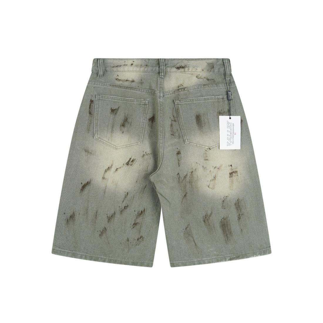 Vale Sports Valley Dreams Vintage Washed Distressed Print Full Rhinestone Bling Diamond Harajuku Letter Embroidery Baggy Denim Shorts European American Hip Hop Y2K Streetwear Loose Knee Length Casual Sparkly Trendy Jeans Shorts For Men Unisex