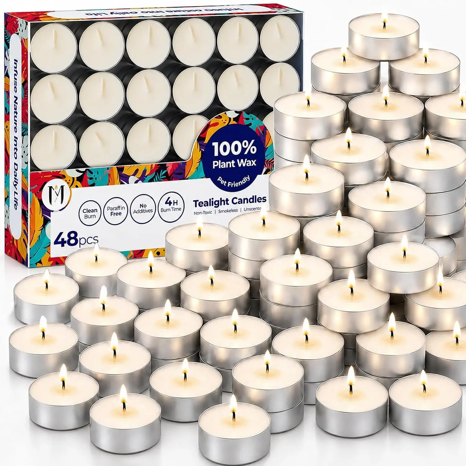 Lights Candles 48 Pack, 4 Hour Palm Wax Tealights |  Unscented Small Votive, Clean  for  Decor, Non  White  Lights for Wax Warmer, Wedding,