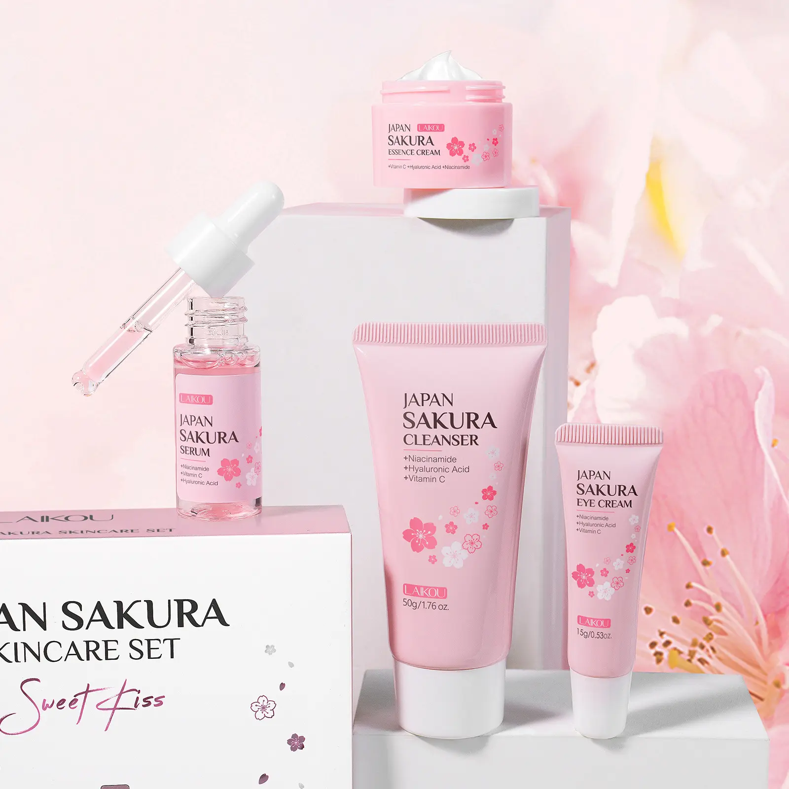 Cherry Blossom Skincare Set 4-Piece, Cleanser Essence, Eye Cream, Face Moisturizer, Complete Moisturizing Care Kit for Radiant Skin