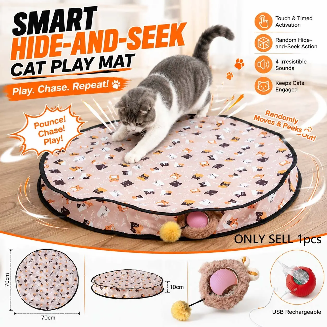 27.6 Inch Interactive Cat Toy Mat with USB Rechargeable Smart Ball, Touch and Timed Activation, Hide-and-Seek Play Toy for Indoor Cats, Mental Stimulation and Exercise