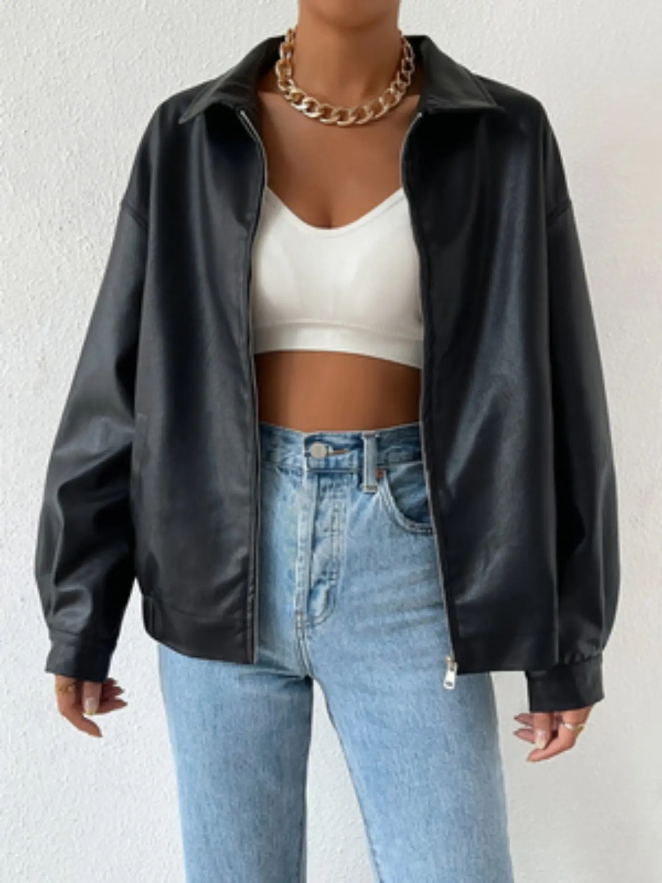 Elegant Retro Casual Women's Leather Jacket, Spring & Fall, Lapel Collar, Zipper Sleeve, Button Closure, Long Sleeve, Faux Leather