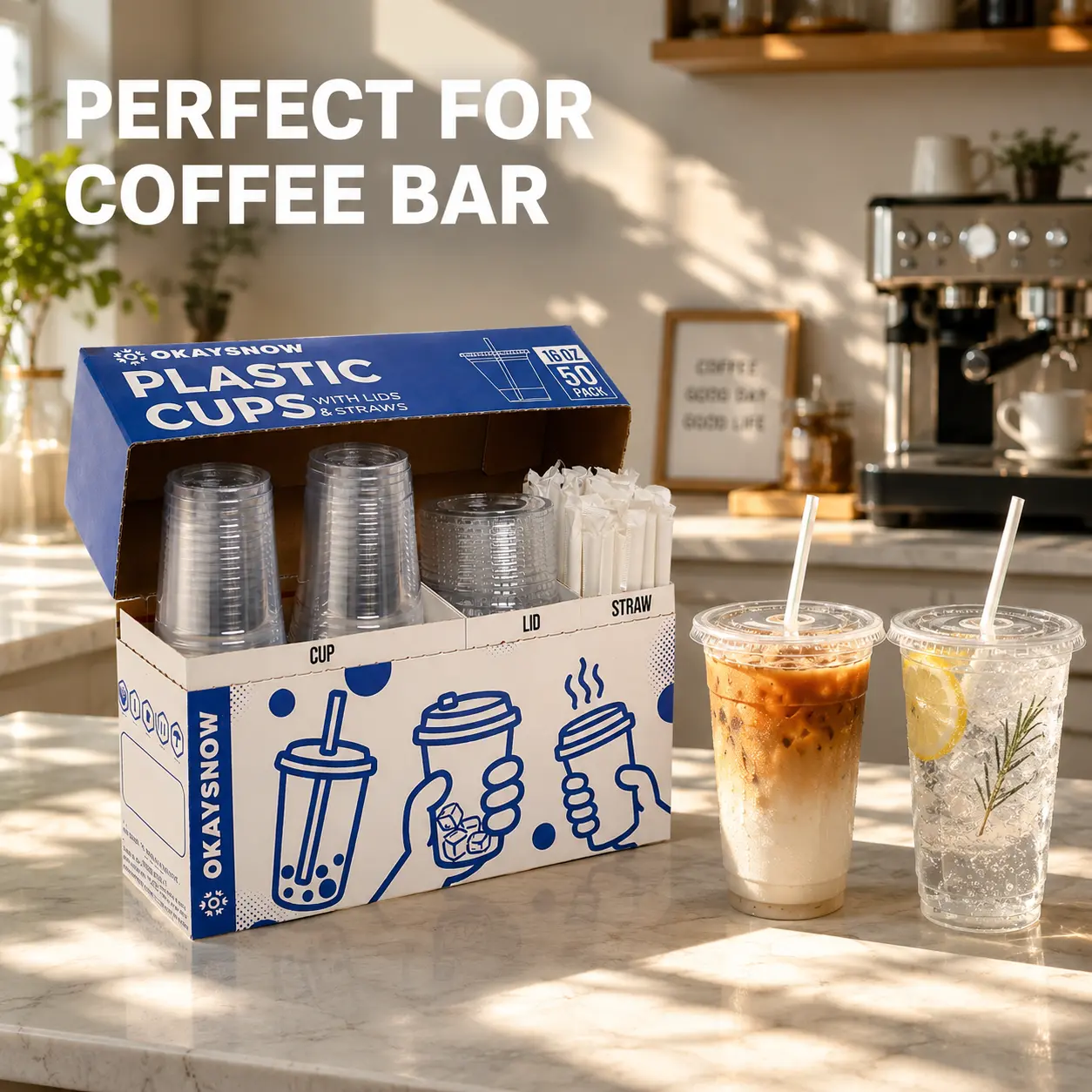 Plastic Cups with Lids & Straws, 50/100 Pack 12-24OZ To-Go Cups for Iced Coffee, Coffee Bar & Cold Drinks