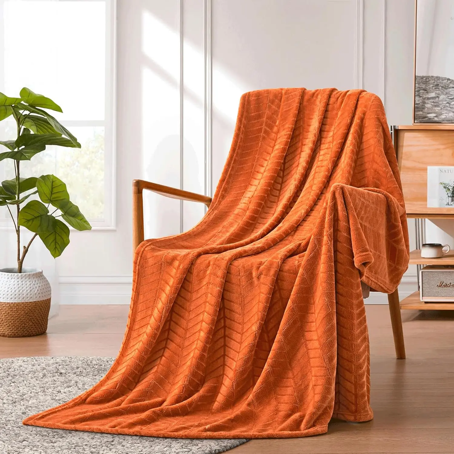 Soft Flannel Fleece Throw Blanket (Burnt Orange, 50x70 inches) Lightweight Microfiber Chevron  Blankets for Sofa, Couch, Bed -  Warm Cozy Decorative