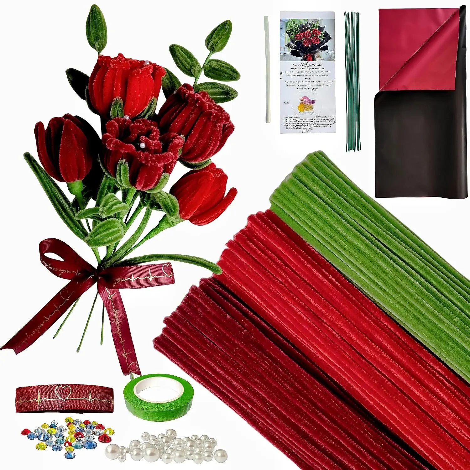 Red Pipe Cleaners Craft Kit (200 Count) - DIY Rose Bouquet Supplies with Tutorial, 12 Count Green Floral Wires, Gardening Tape, Rhinestones, Wrapping Paper, Chenille Stems