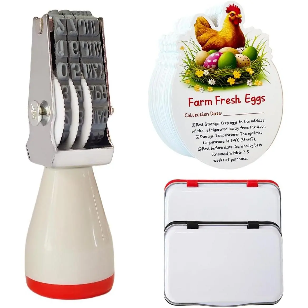 Egg Dater Kit with Date Stamp, 2 Fade-Resistant Inks (Red & Black), Stamper Pad, 50 Farm Fresh Eggs Instructions for Chicken, Duck, Turkey & Goose Eggs