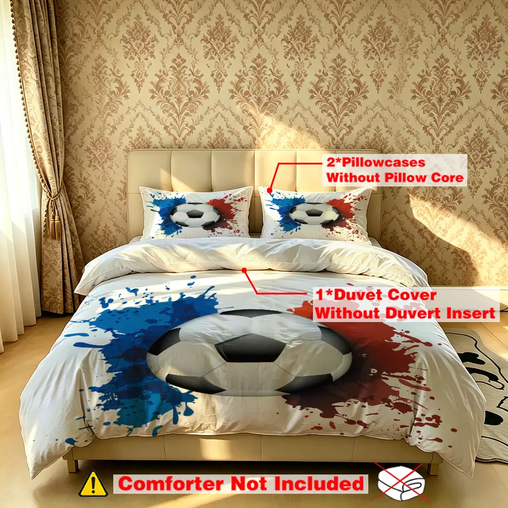 The 3-piece football-themed bedding set with red and blue splatter paint patterns includes one duvet cover and two pillowcases, without fillings. It's soft and comfortable, suitable for single beds and double beds, and ideal for bedrooms, dormitori