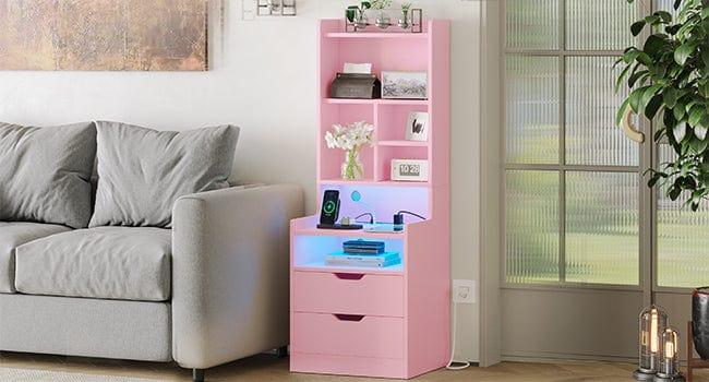 Sikaic LED Tall Nightstand with Bookshelf Charging Station Pink Modern Bedside Table RGB LED Lights 2 USB Ports Storage Drawers Multifunctional Light Strips