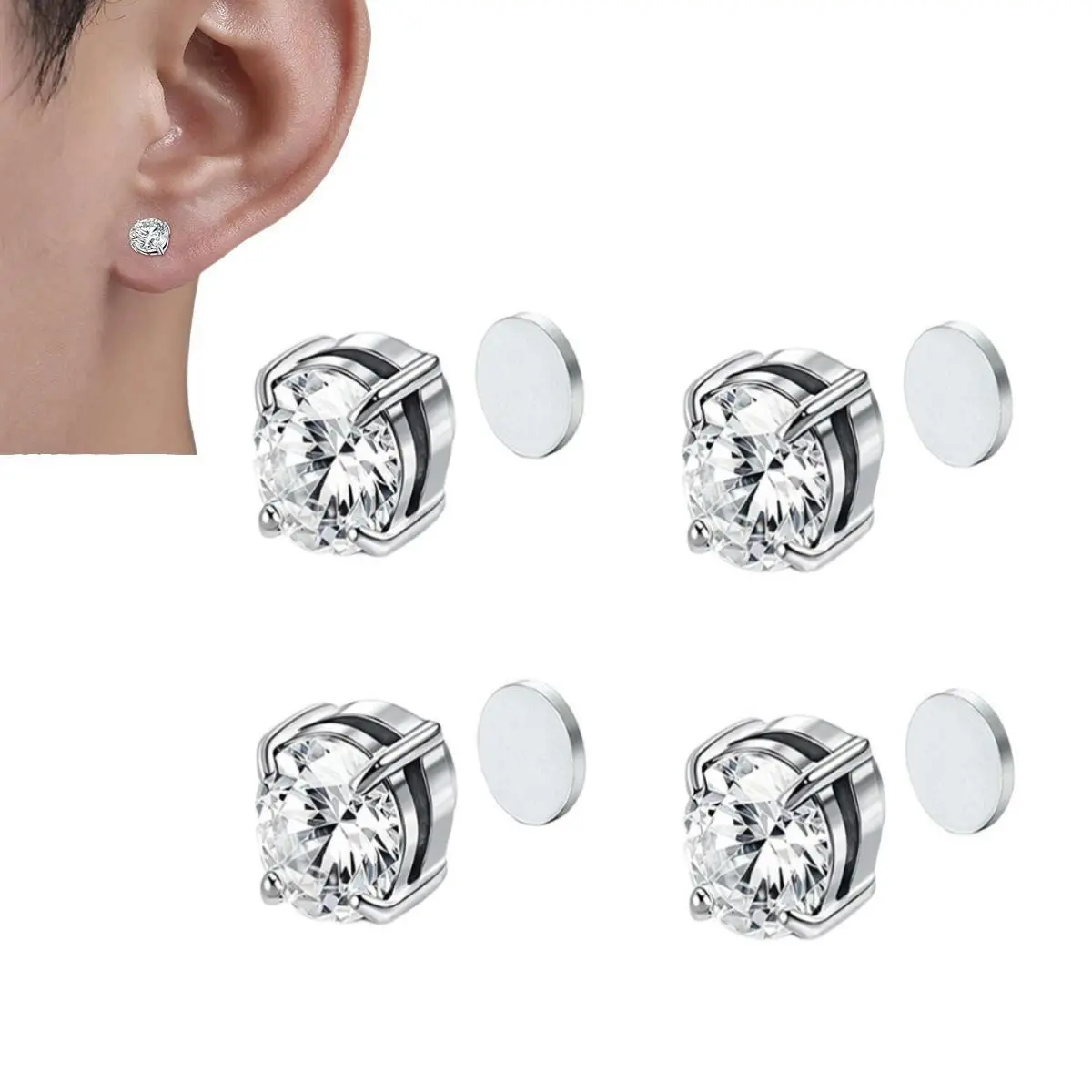 Unisex Helix-Shape Round Studs Earrings - 2 Pairs Magnetic Clip-On Stainless Steel Non-Piercing Sparkling Zirconia Hypoallergenic Earrings, Magnetic Earrings