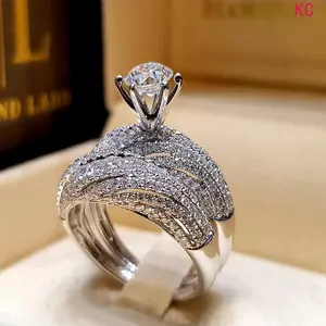 2Pcs Silver Plated Double Layer Full Paved Simulated Diamond Ring Set, Elegant Finger Jewelry For Women Engagement And Daily Occasion Matching