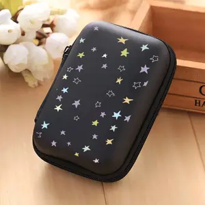 A vibrant star patterned storage box suitable for headphone, data cable, and charger designs, featuring a stylish design and including a mesh pocket for easy organization of portable chargers and data cables.