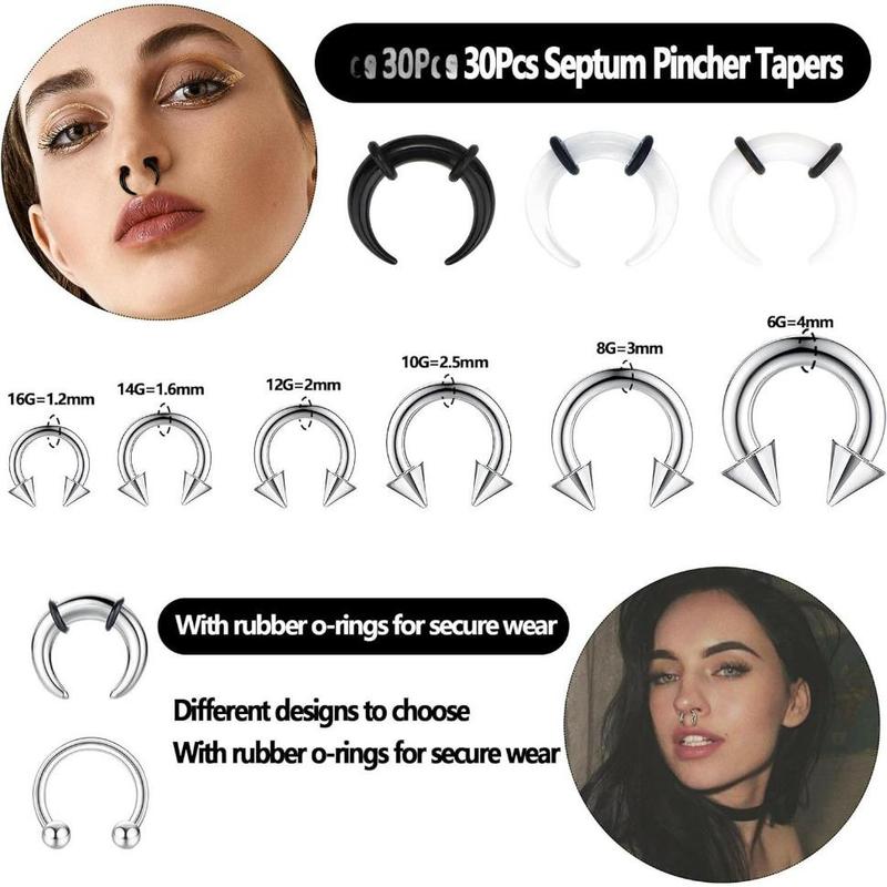 FINREZIO 30Pcs Septum Pincher Tapers 16G 14G 12G 10G 8G 6G Horseshoe Septum Rings Stainless Steel C Shape Septum Piercing Jewelry Nose Ear Cartilage Septum Stretching Kit for Women Men Daily