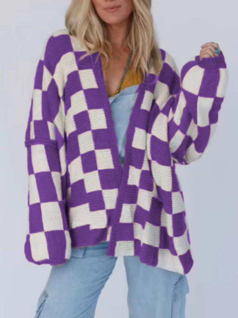 Christmas Deals Women's Checkerboard Pattern Drop Shoulder Cardigan, Casual Long Sleeve Open Front Knitwear for Summer, Fashion Ladies' Knit Clothing for Daily Wear, Christmas 2024 Trend, Fall&winter Clothing
