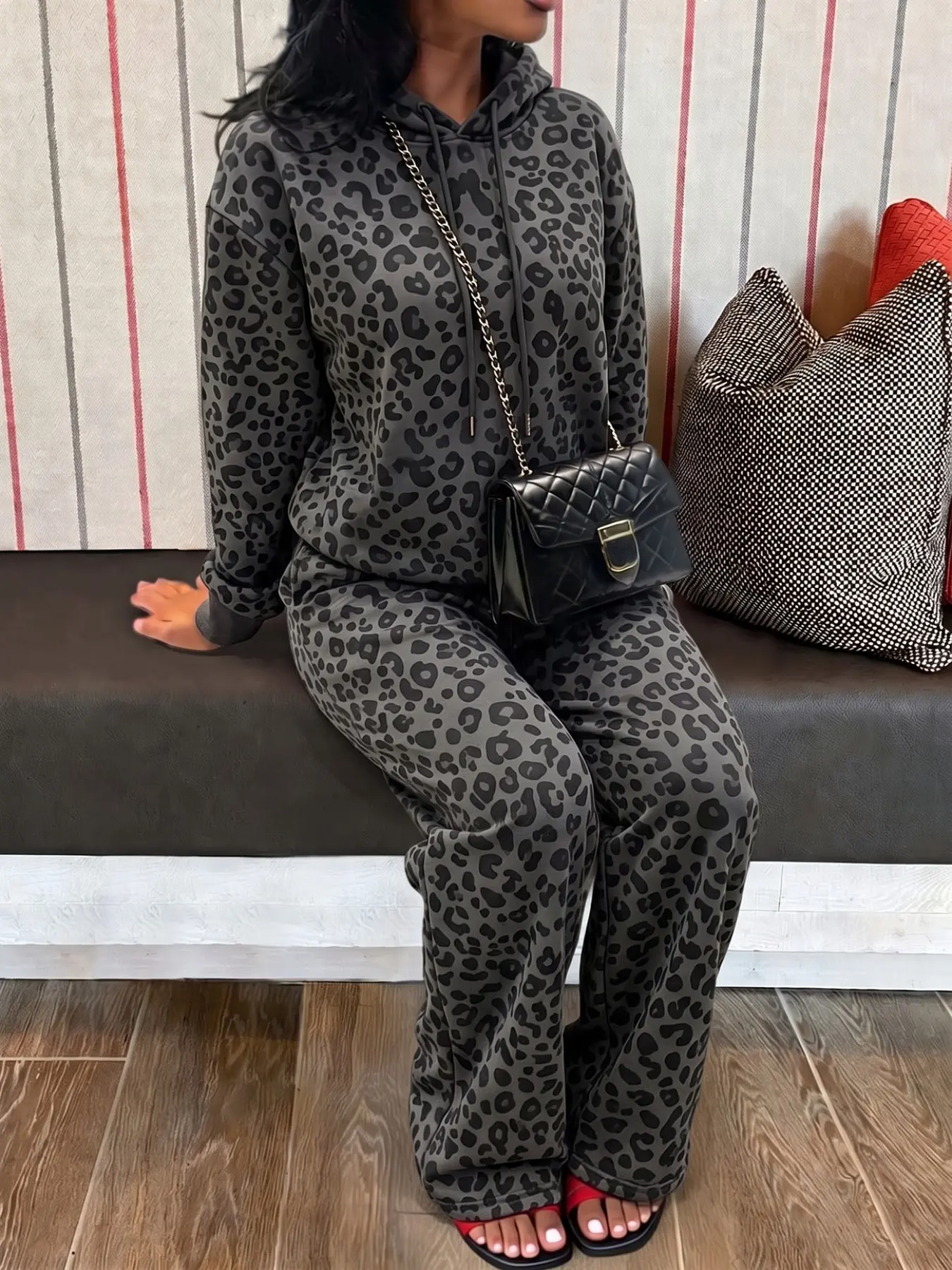 Women Dark Grey Leopard Print 2 Piece Outfit, Drawstring Hooded Sweatshirt And Wide Leg Sweatpants Set, Loose Casual Streetwear Tracksuit For Daily Wear Two Piece Outfit
