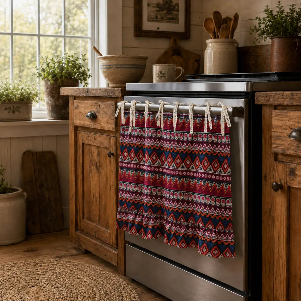 Boho Aztec Oven Curtain with Lace Tie Straps, Tribal Geometric Stove Door Cover for Oven and Kitchen Cabinets, Rustic Farmhouse Kitchen Decor
