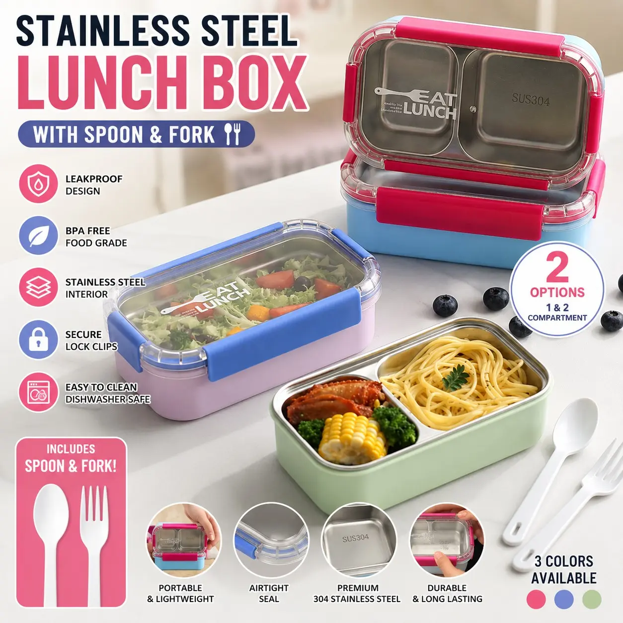 Stainless Steel Lunch Box with Spoon & Fork, 1/2 Compartment Leakproof Bento Box, Portable Meal Prep Container for Work, School & Travel