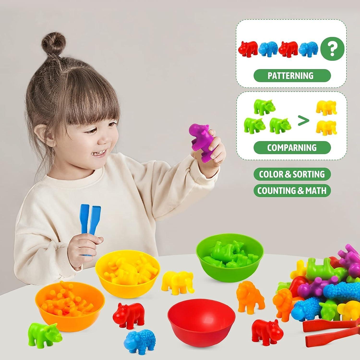 Counting Animal Toys Matching Game with Sorting Bowls, Preschool Learning Activities, Montessori Sensory Fine Motor Toys Set for Math Color Sorting, Shape Sorter