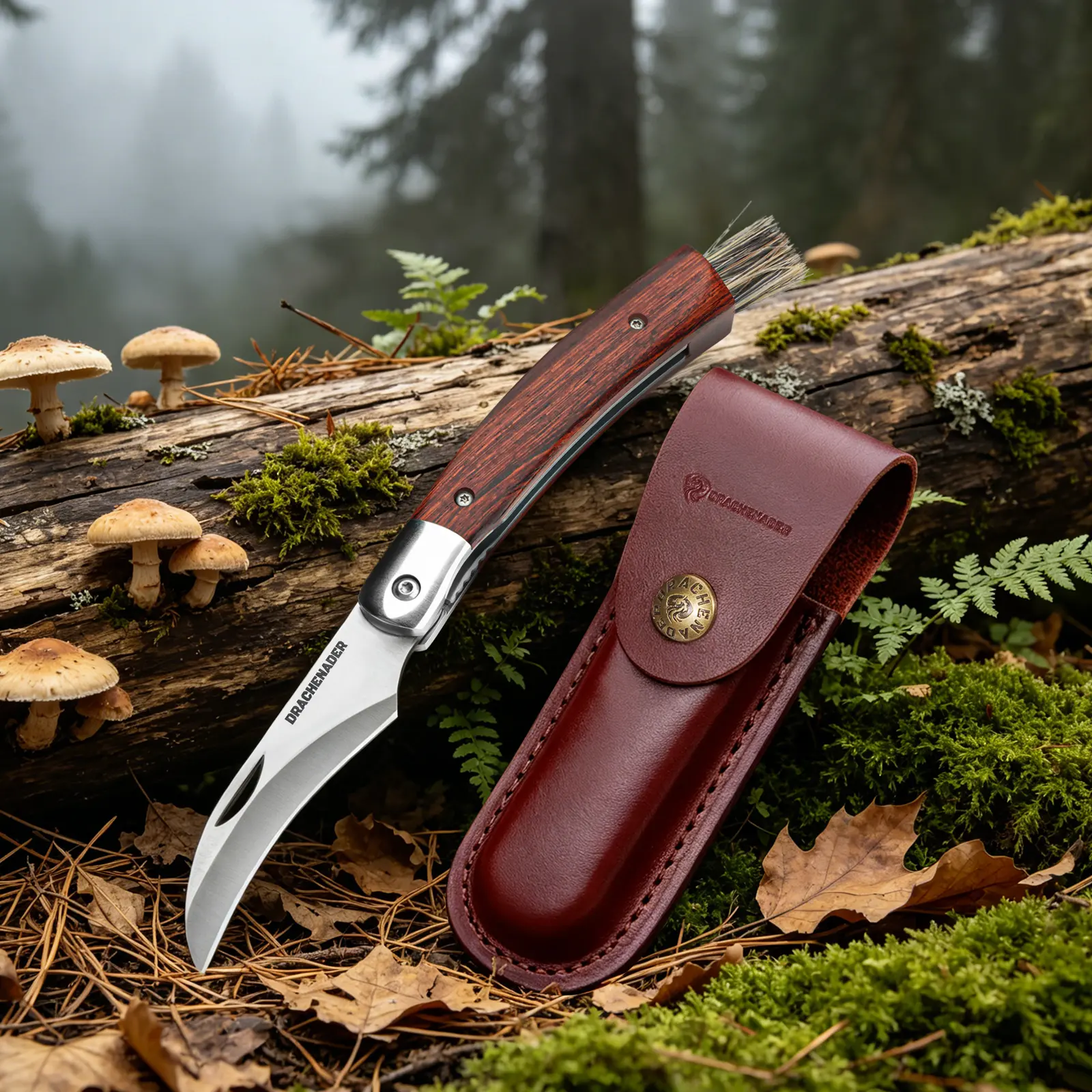 Mushroom Knife with Brush (Integrated), Leather Sheath, Mushroom Knife with Wooden Handle and Mushroom Brush, For Foraging and Harvesting