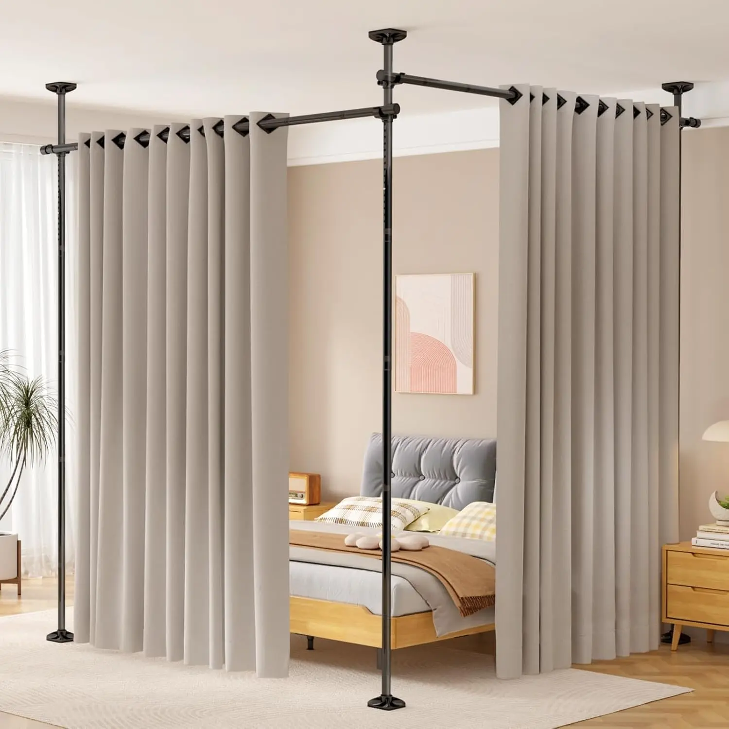 Room Divider for Separation 28-114in(W) Privacy Wall Divider, Black | No Drilling Curtain Rod 4-10ft(H) Adjustable, Floor to Ceiling Room Separator Freestanding Tension Rod for Space Partition