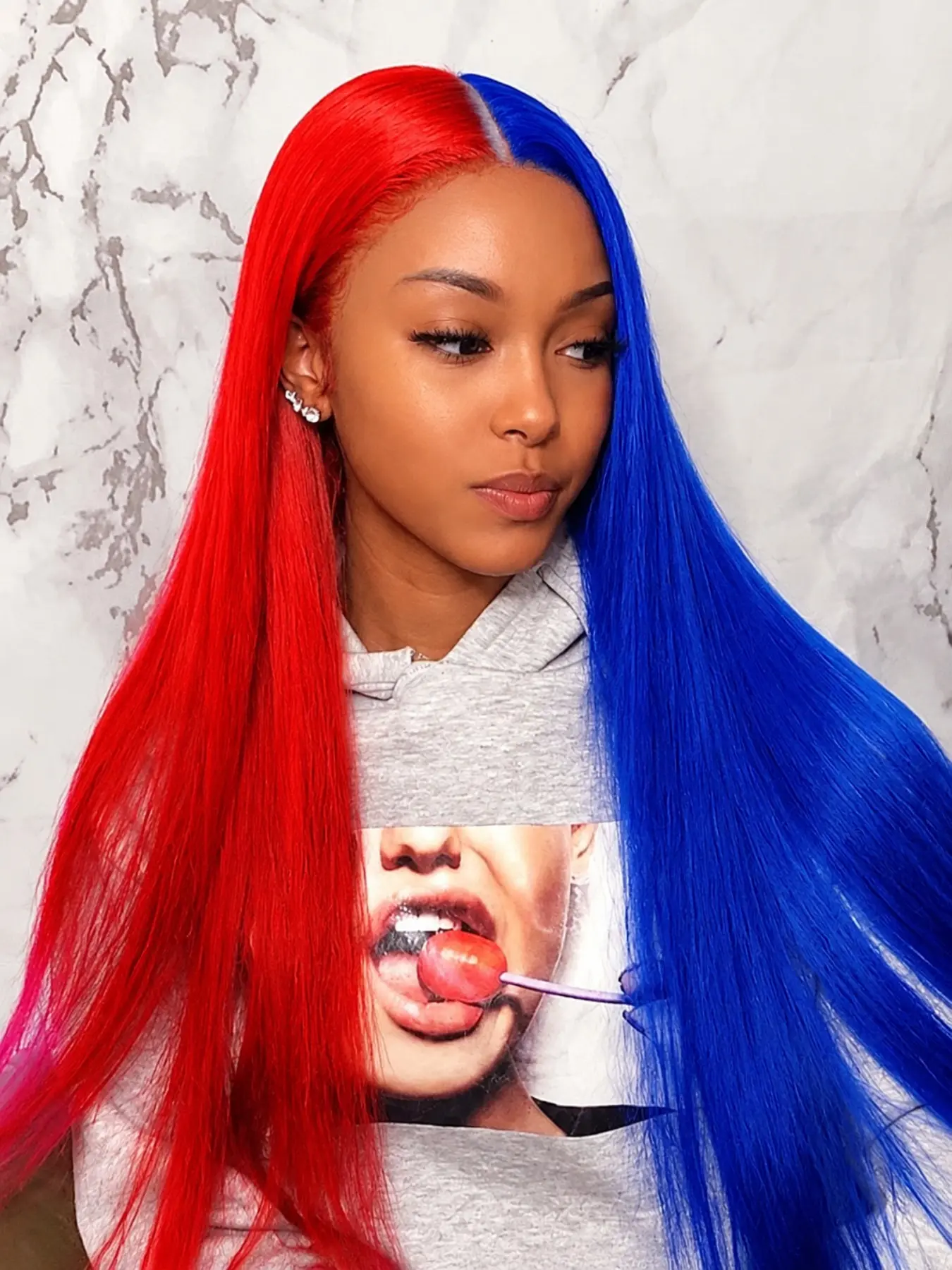 26 Inch Red and Blue Split Dye Wig Straight Hair 4x1 Lace Front Wig Heat Resistant Synthetic Hair Glueless for Daily & Party Wear