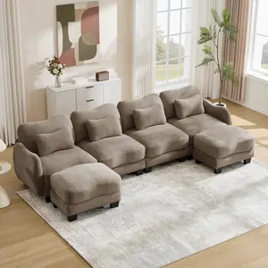 AobtkelChenille U-Shaped Sofa with 3 Exquisite Waist Pillows, Oversized 3-Seater Sectional with 2 Movable Ottomans , Ergonomic Curved Design, Easy to Assemble Modular Couch for Living Room Office,Green