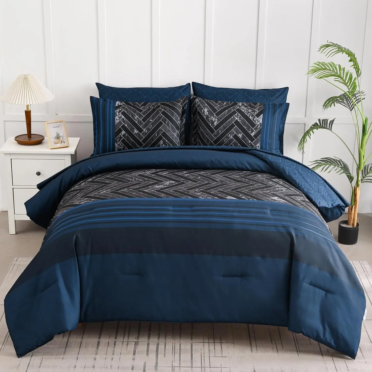 Navy Blue Comforter Set Queen Size, 7 Pieces Stripe Geometric Bed in a Bag, Soft Microfiber Navy Comforter and Sheet Set Complete Bedding Sets for All Seasons 90"×90"