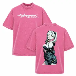 Men's Short-Sleeve Rebecca Cyberpunk: Edgerunners Anime Double-Printed Vintage Washed Oversize Heavyweight Cotton Unisex T-Shirt