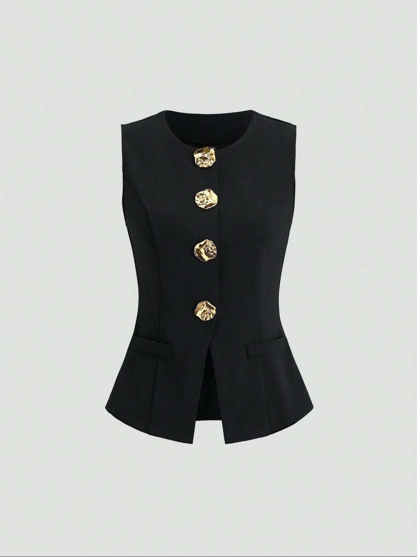 Women's Basic French Metal Button Sleeveless Thin Fit Blazer, Casual Daily Wear Jacket, Lightweight Outerwear for Spring & Fall, Garment