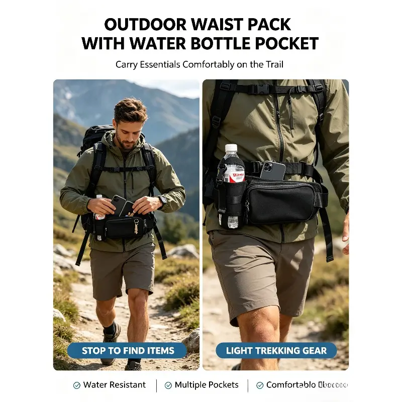 Outdoor portable water bottle sports waist bag, easy to wipe clean, main compartment with layered zipper for storing small items, adjustable waistband to fit different waist sizes, perfect for everyday workouts, running, or road trips.