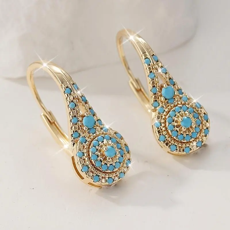 Evil Eye Drop Earrings for Women, Ethnic Gold-Plated Dangles with Auspicious Turquoise and Cubic Zirconia, Hypoallergenic Leverback Jewelry, Adults, Female, Secure Leverback Closure, Drop Hoops